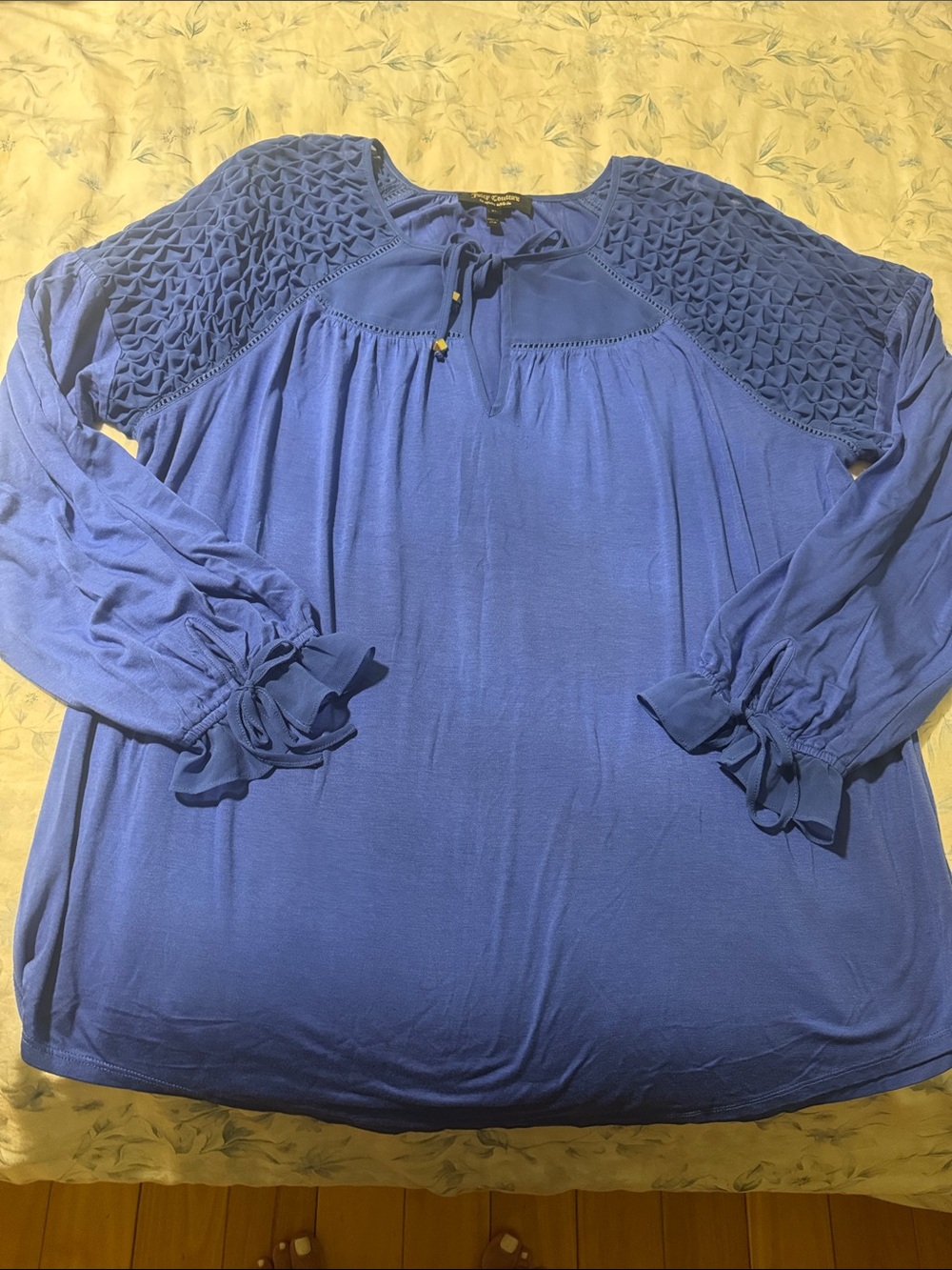 Juicy Couture Cobalt Blue Crochet-Yoke Long Sleeve Peasant Blouse